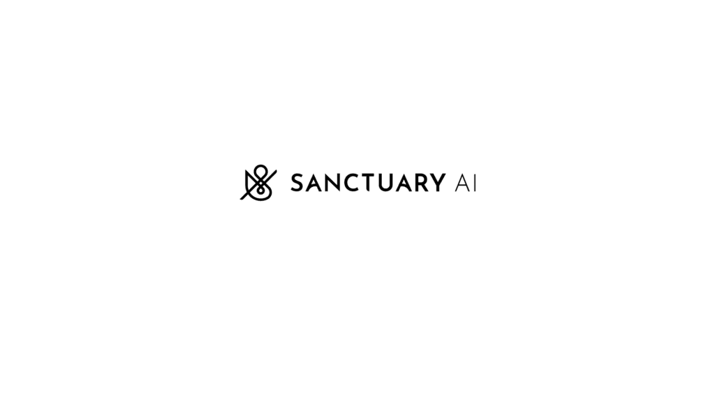 Sanctuary AI logo featuring a minimalist abstract symbol on the left and the words "SANCTUARY AI" in modern black and gray text on a white background.
