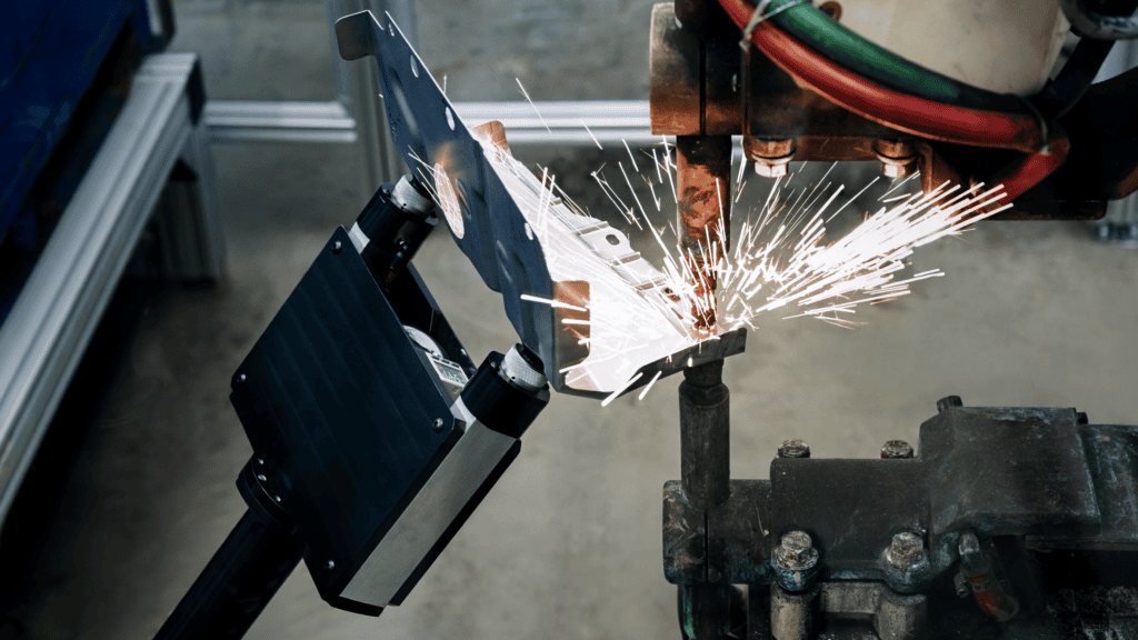 Close-up of a machine welding a metal piece, with bright sparks flying. The industrial setting shows robotic equipment and cables, highlighting automated manufacturing.